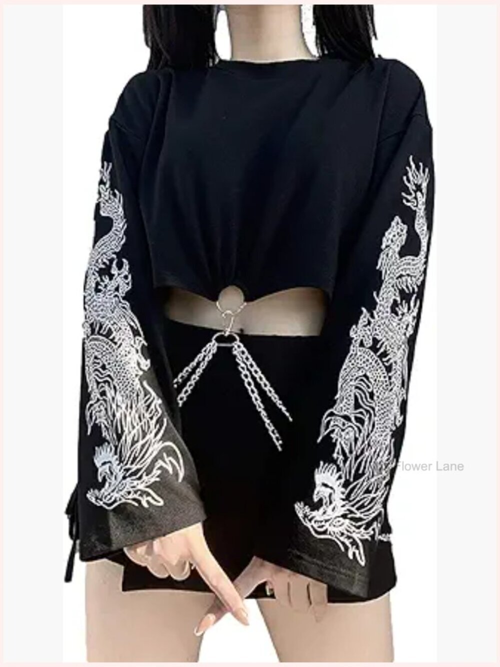 Gothic Crop Top Long Sleeve Dragon Print Punk Emo Grunge Hoodie with Chain